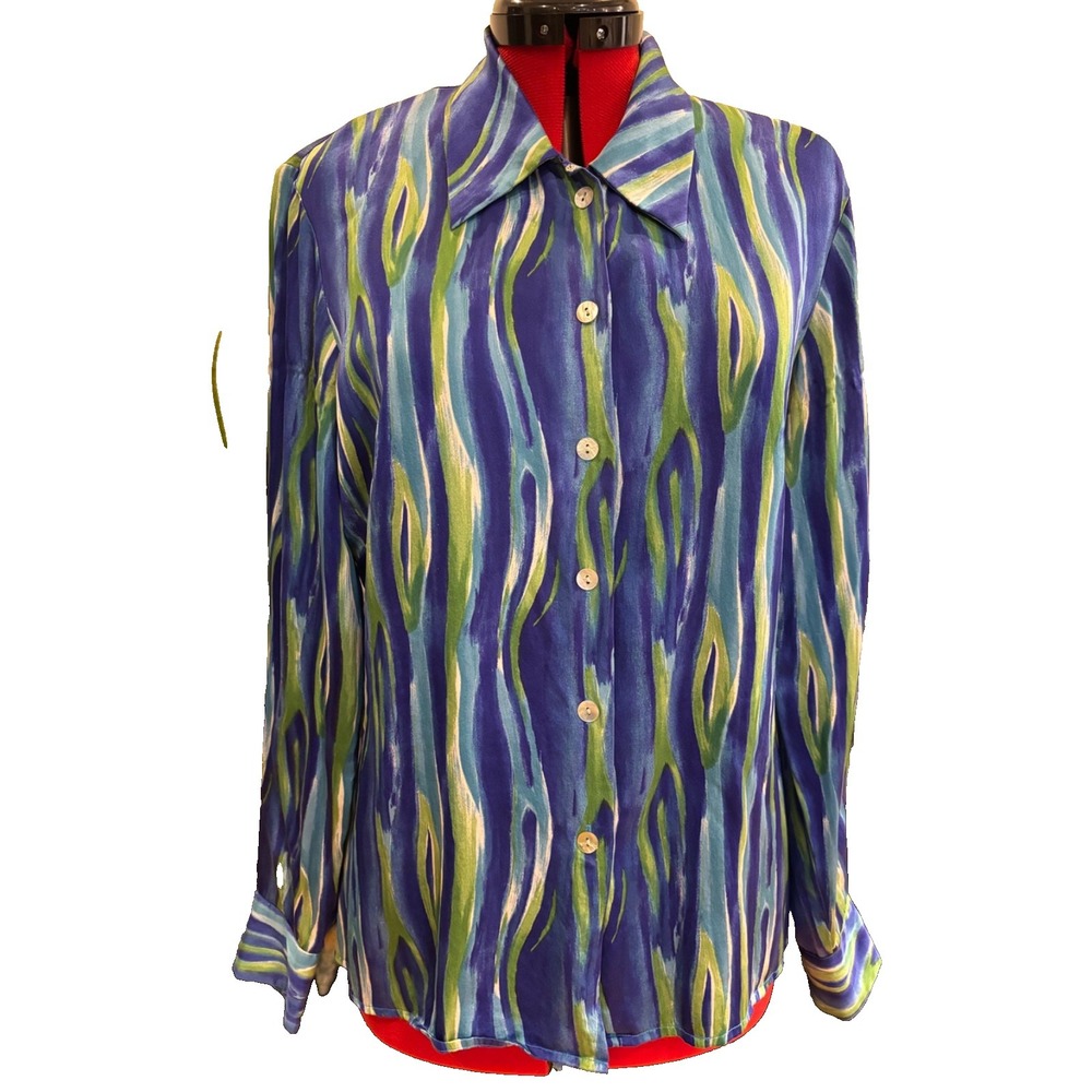 Como 100% Silk Blouse Top Shaped Sz 6 Business quiet luxury flames blue green‎